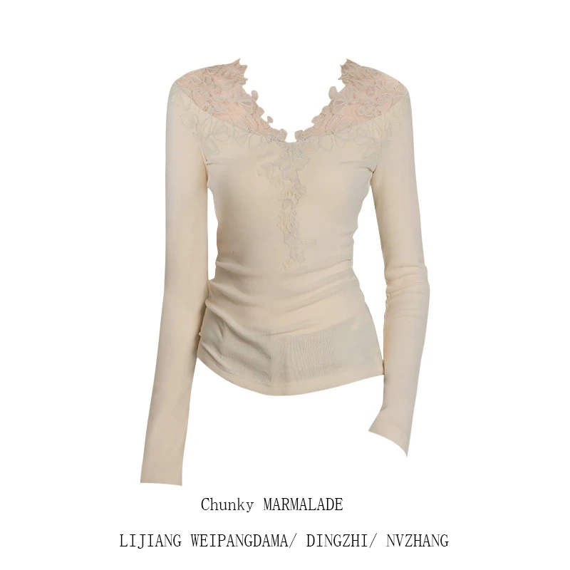 大码温柔风蕾丝刺绣V领长袖T恤女秋冬加绒磨毛内搭显瘦打底衫上衣