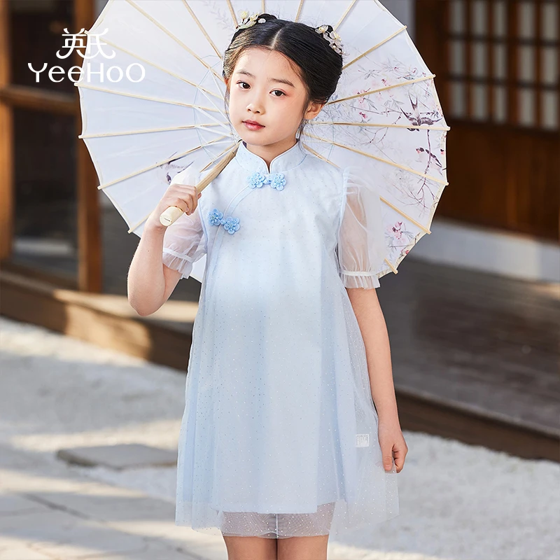 英氏【新中式泡泡袖连衣裙】女童裙子汉服女童夏季薄款古风公主裙