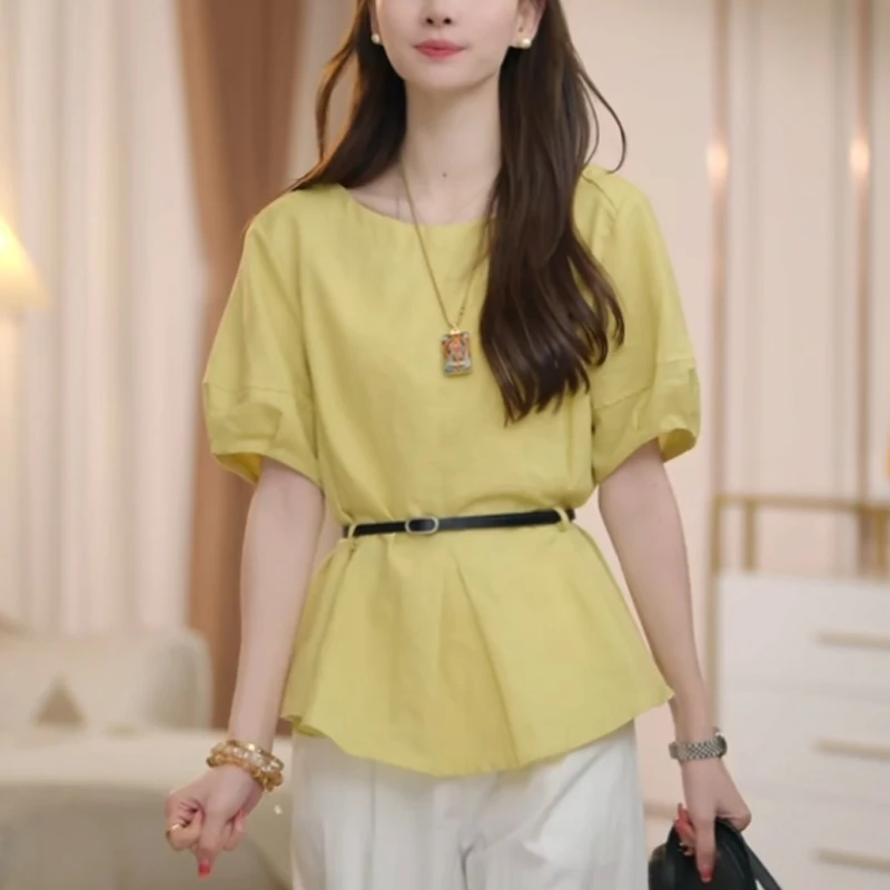 6077韩版气质圆领上衣女2025年夏季新款收腰遮肉百搭显瘦短袖T恤