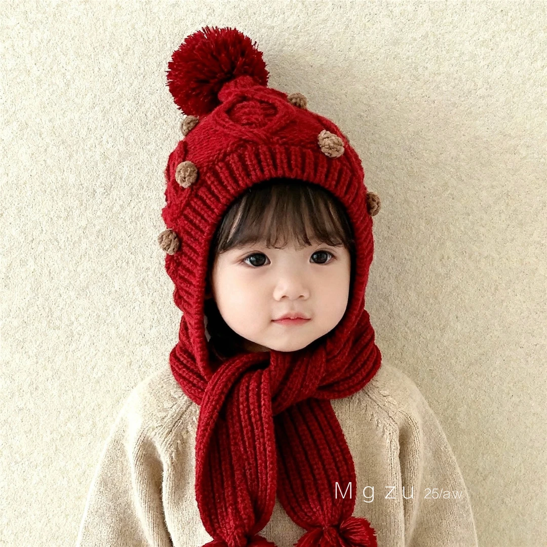 儿童帽子围巾一体毛线帽秋冬季女童针织加绒帽可爱球球保暖护耳帽