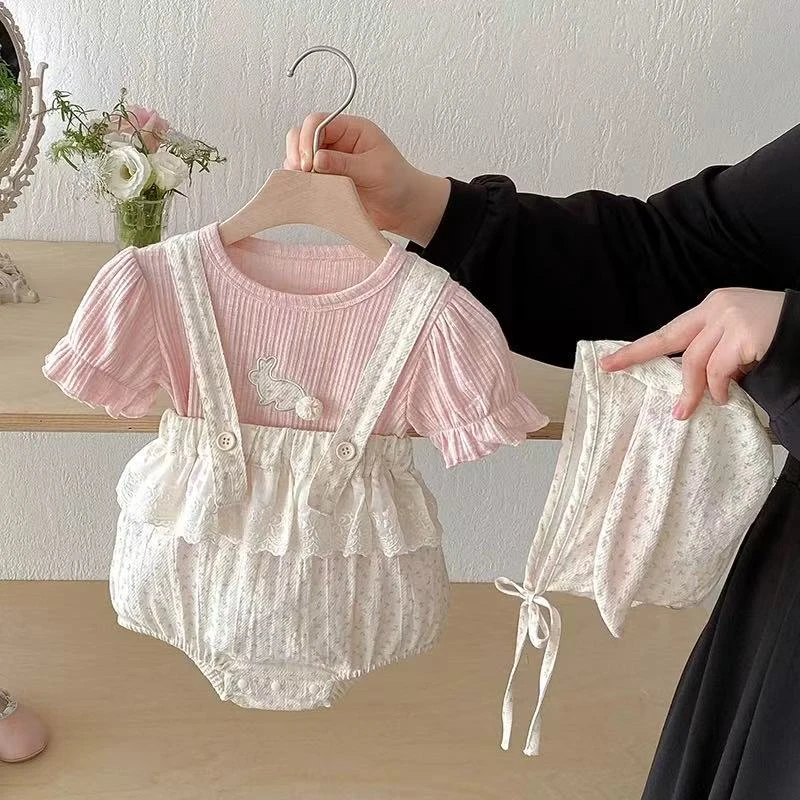 婴儿夏季包屁衣两件套 新生儿夏天衣服满月女宝宝夏装外出服
