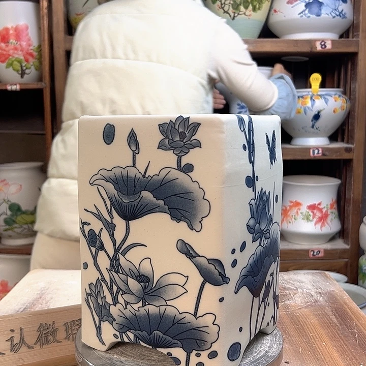 陶四方盆复古荷花陶瓷