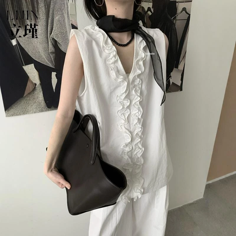 法式慵懒风花边领无袖衬衫女夏天休闲别致小衫设计感高级气质上衣