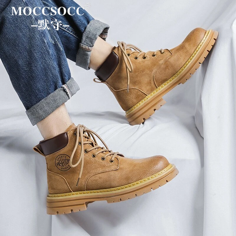 MOCCSOCC马丁靴男潮流英伦风大黄靴厚底防滑增高鞋时尚百搭休闲鞋