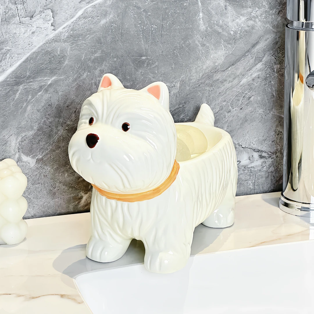 创意西高地小狗香皂盒洗手台沥水陶瓷肥皂碟皂托免打孔香皂置物架