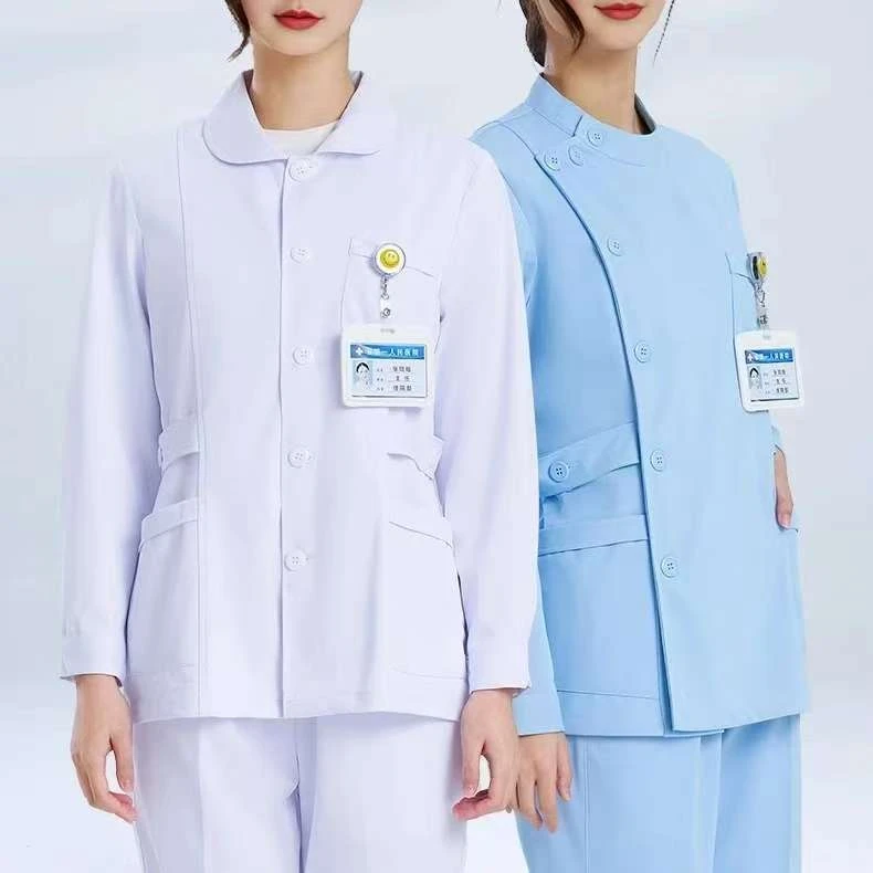 高端护士服四面弹力长袖女分体套装短袖夏蓝色口腔牙科整形工作服