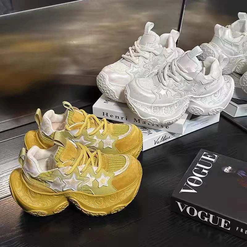 欧货站真皮星星系带松糕厚底老爹鞋女百搭小个子增高休闲运动鞋