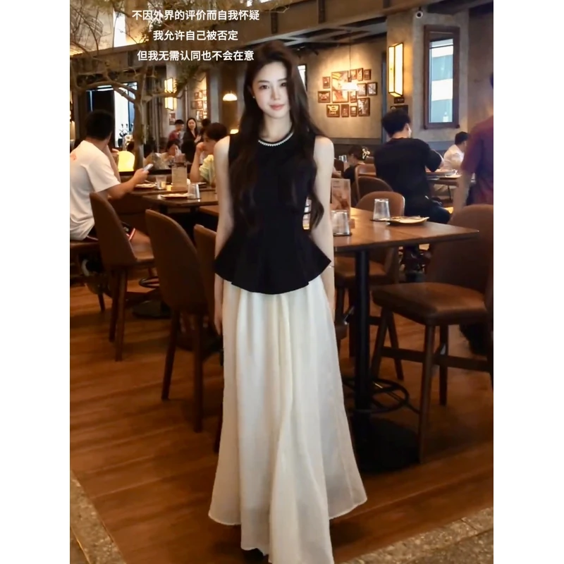 新中式黑色荷叶边无袖上衣女夏高腰半身裙两件套装白月光套装
