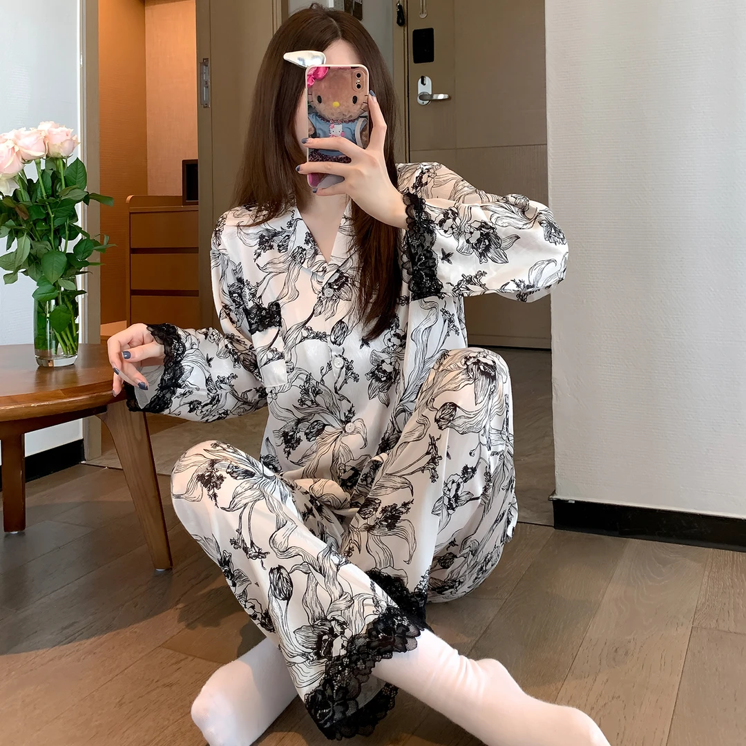 秋季新款冰丝绸睡衣女款春秋季长袖长裤网红风简约家居服两件套装