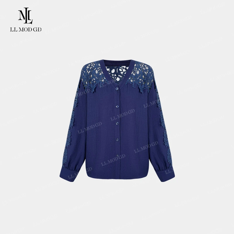LL·MOD·GD【苏苏】蓝色妖姬 法式V领蕾丝镂空拼接上衣YL-260345