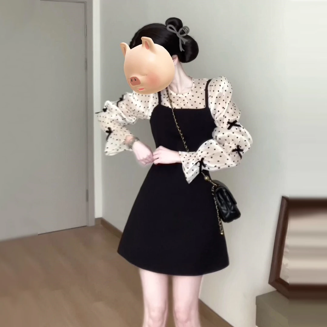 法式黑色吊带波点连衣裙子女早秋2025新款小个子漂亮衬衫短裙套装