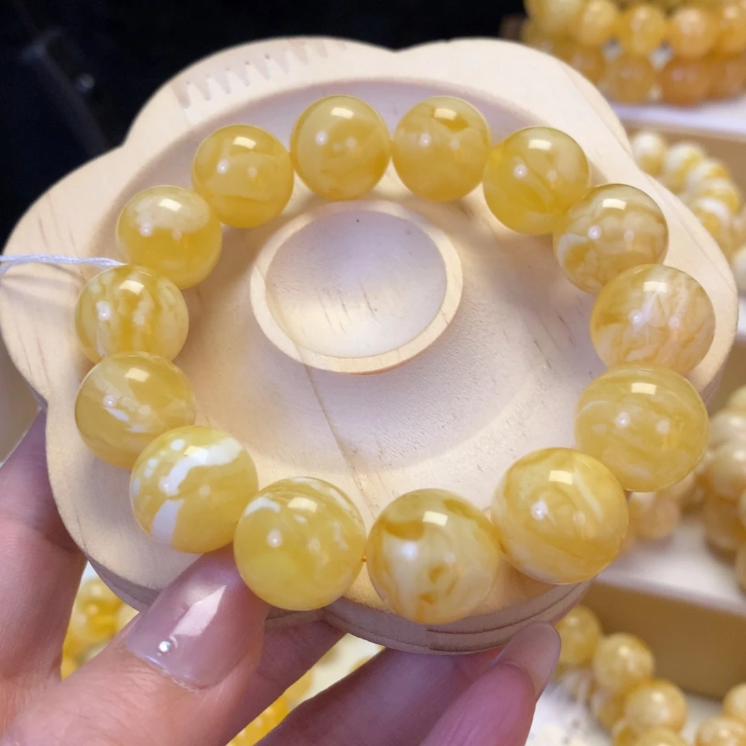 蜜蜡未镶嵌手串15.8mm31.3g蜜糖底溶洞瓷白飘花