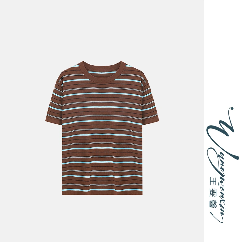 【王雯馨】“半生半醉”条纹间色 极细德扬子 轻柔细腻显瘦圆领针织衫