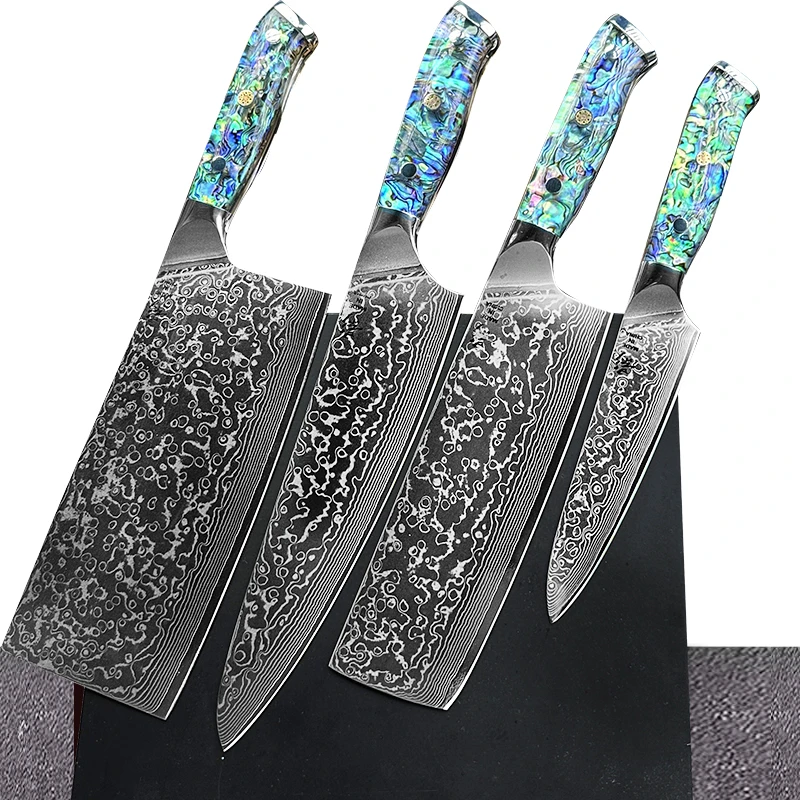 《影》真大马士革鲍鱼壳雨滴纹四件套中式主厨平头万用刀61±HRC套装