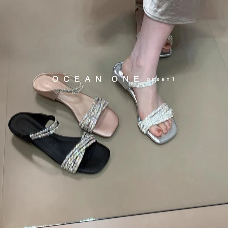 名媛风水钻带露趾凉鞋时尚气质一字拖夏季性感绝美女士坡跟凉拖鞋