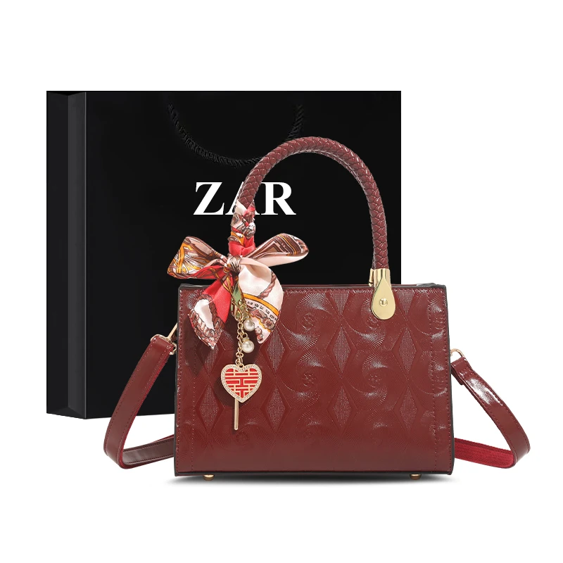 ZAR&RUILR/查瑞娜法式轻奢油蜡皮包包女新娘婚包大容量红色手提包