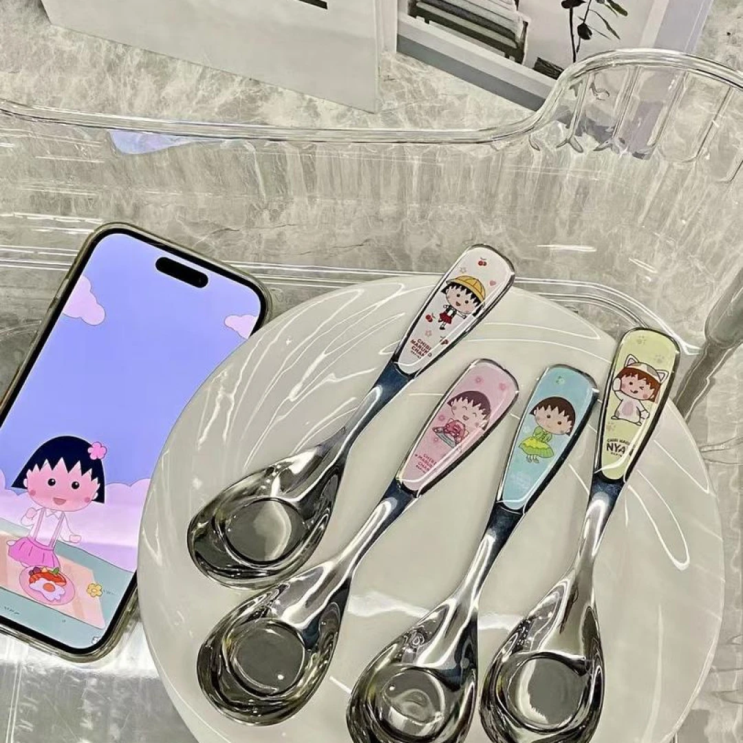 正版樱桃小丸子食品级不锈钢西瓜勺主餐调羹吃饭咖啡甜品汤勺