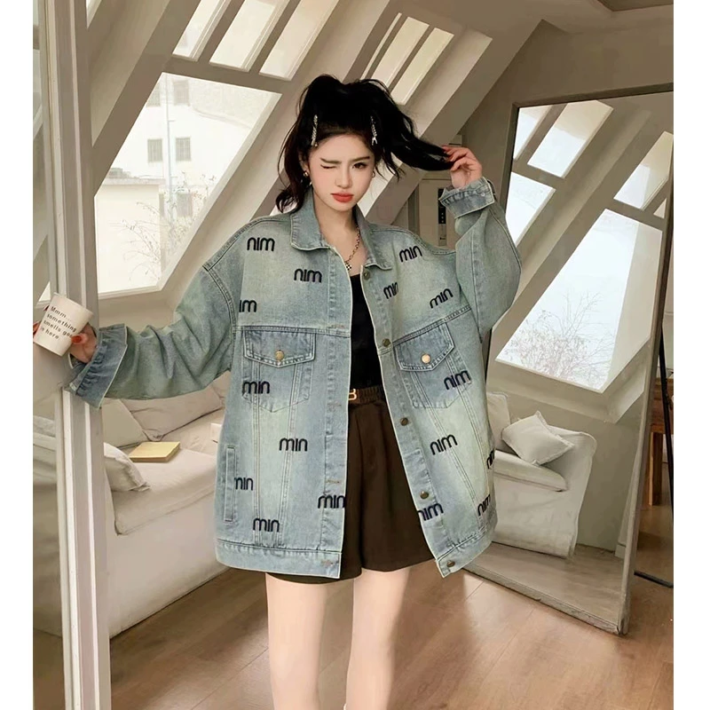 慵懒风刺绣牛仔外套女宽松春秋新款时尚翻领长袖夹克开衫上衣百搭