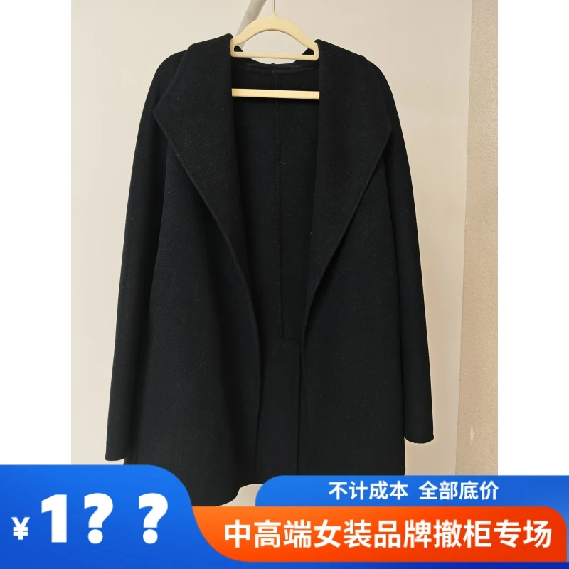 秋冬新款黑色双面呢大衣中长女款系带宽松小个子毛呢外套