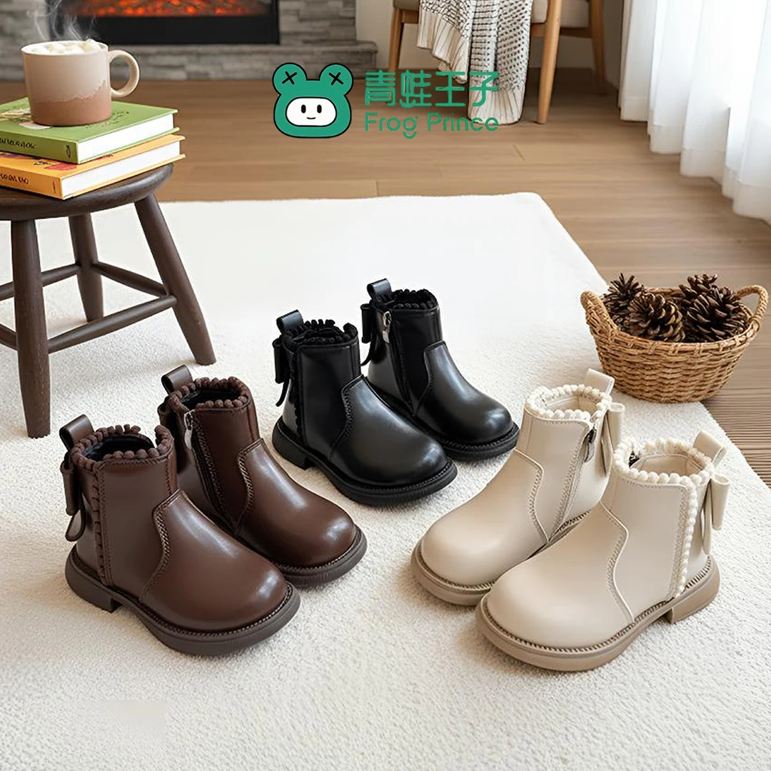 青蛙王子童鞋秋冬季女童新款加绒加厚马丁靴二棉儿童保暖皮面棉鞋