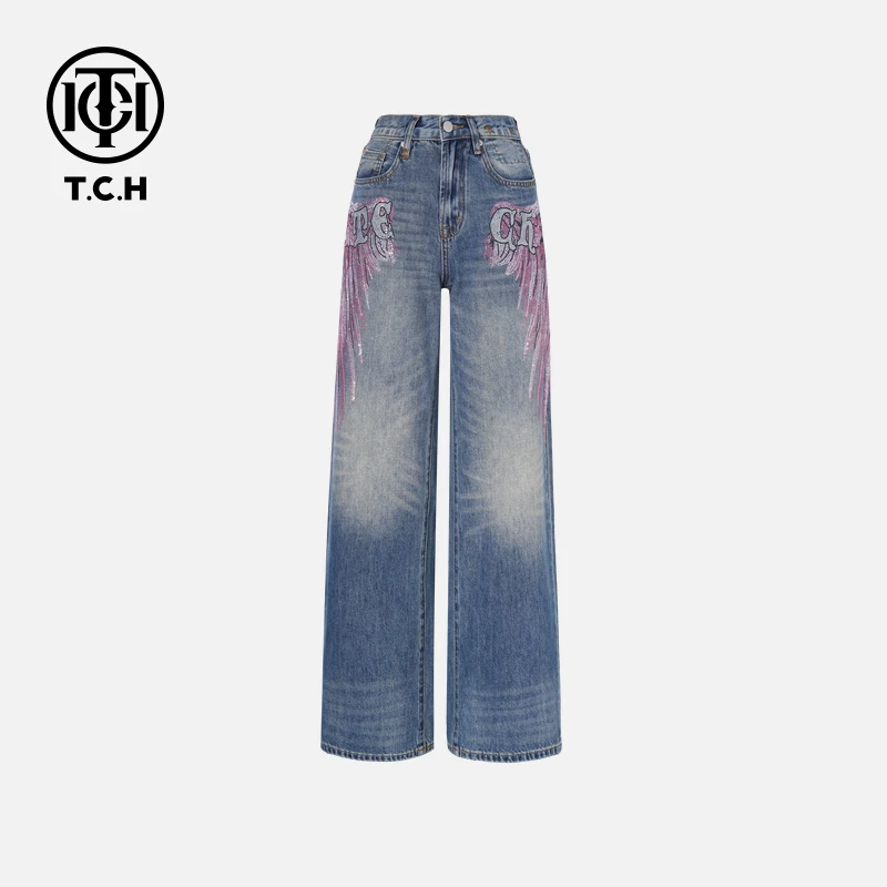 TCH私服秋款烫钻时尚百搭翅膀设计牛仔裤女T75C20E5023轻奢tch