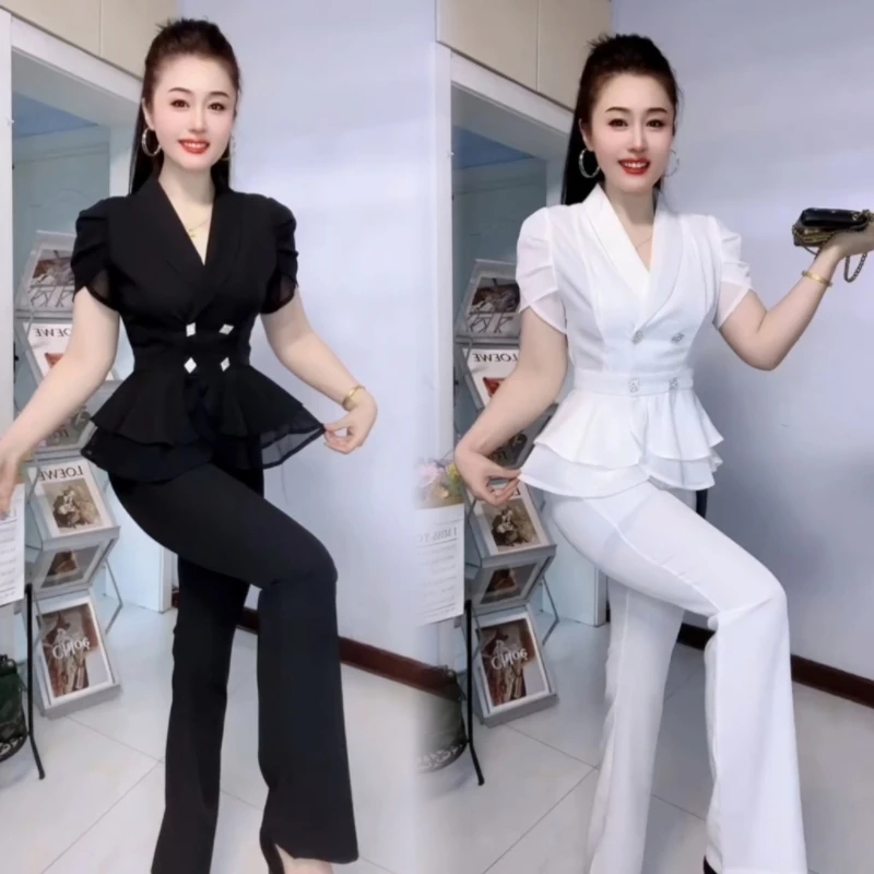 气质名媛休闲风时尚套装时尚气质女装夏季减龄百搭女神范喇叭裤女