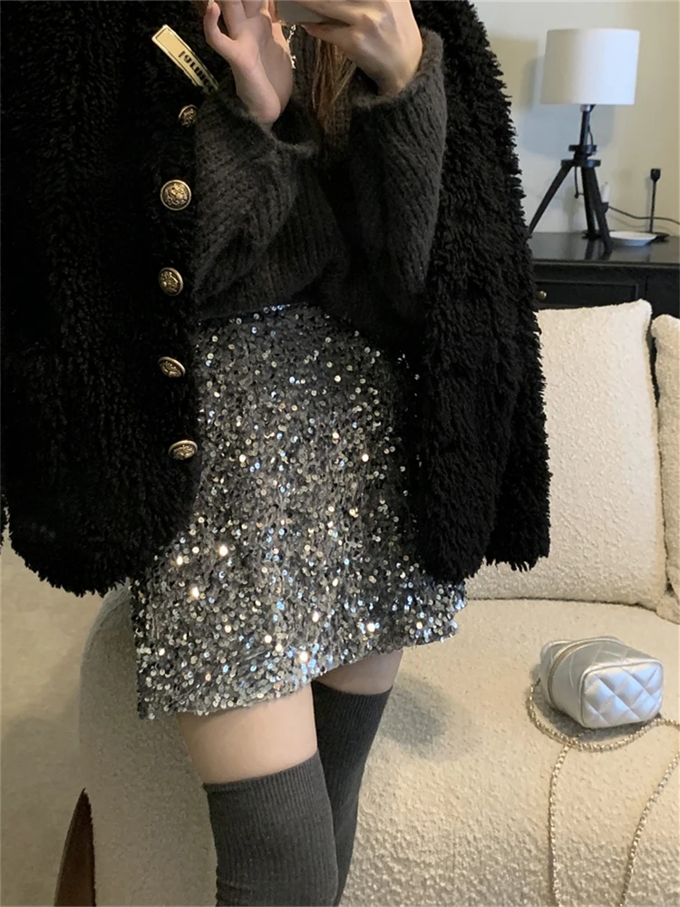 纯欲辣妹高腰显瘦性感包臀半身裙2025新款时尚亮闪闪黑色短裙