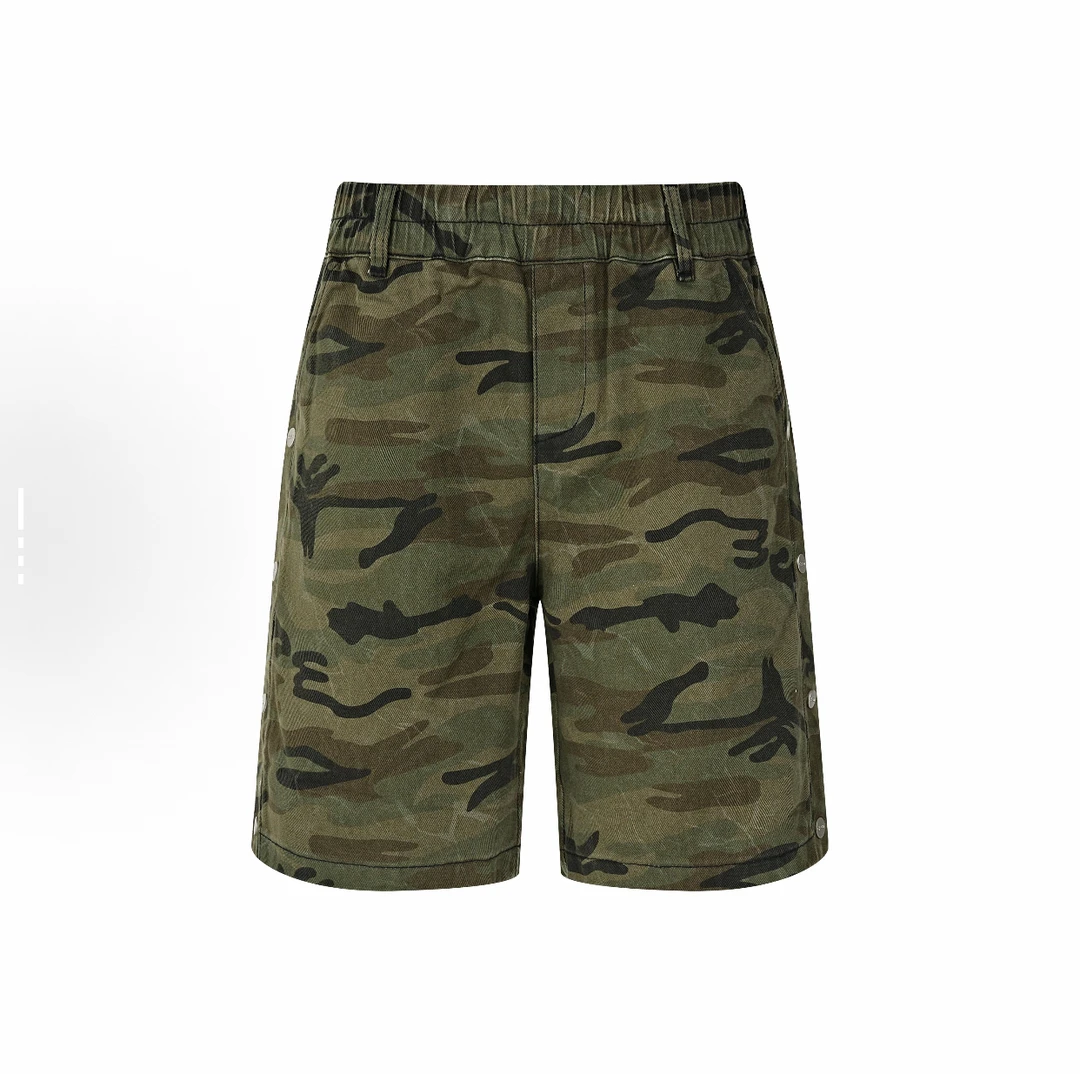 [陆虎同款短裤]G00D2025ss迷彩排扣做旧休闲短裤男女同款军绿色