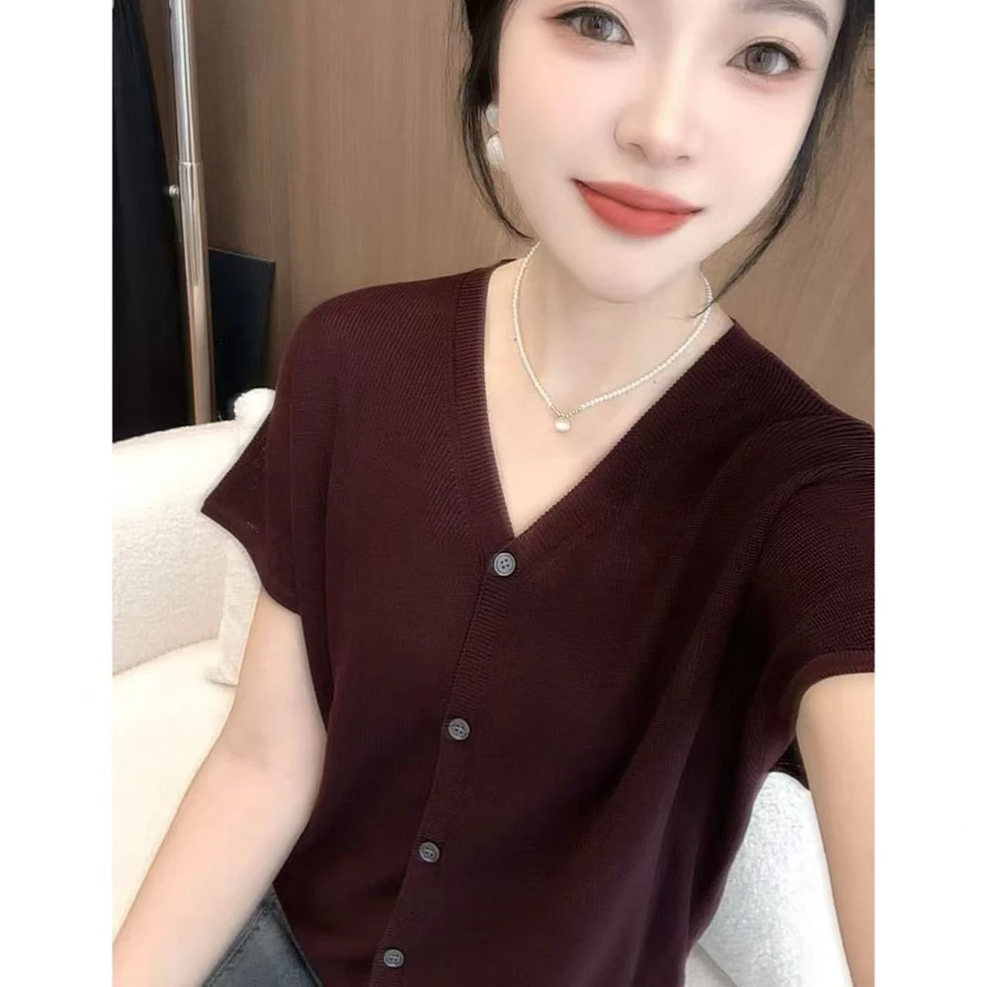丽丽家~车厘子红短袖显瘦气质洋气时尚百搭夏季v领开衫上衣