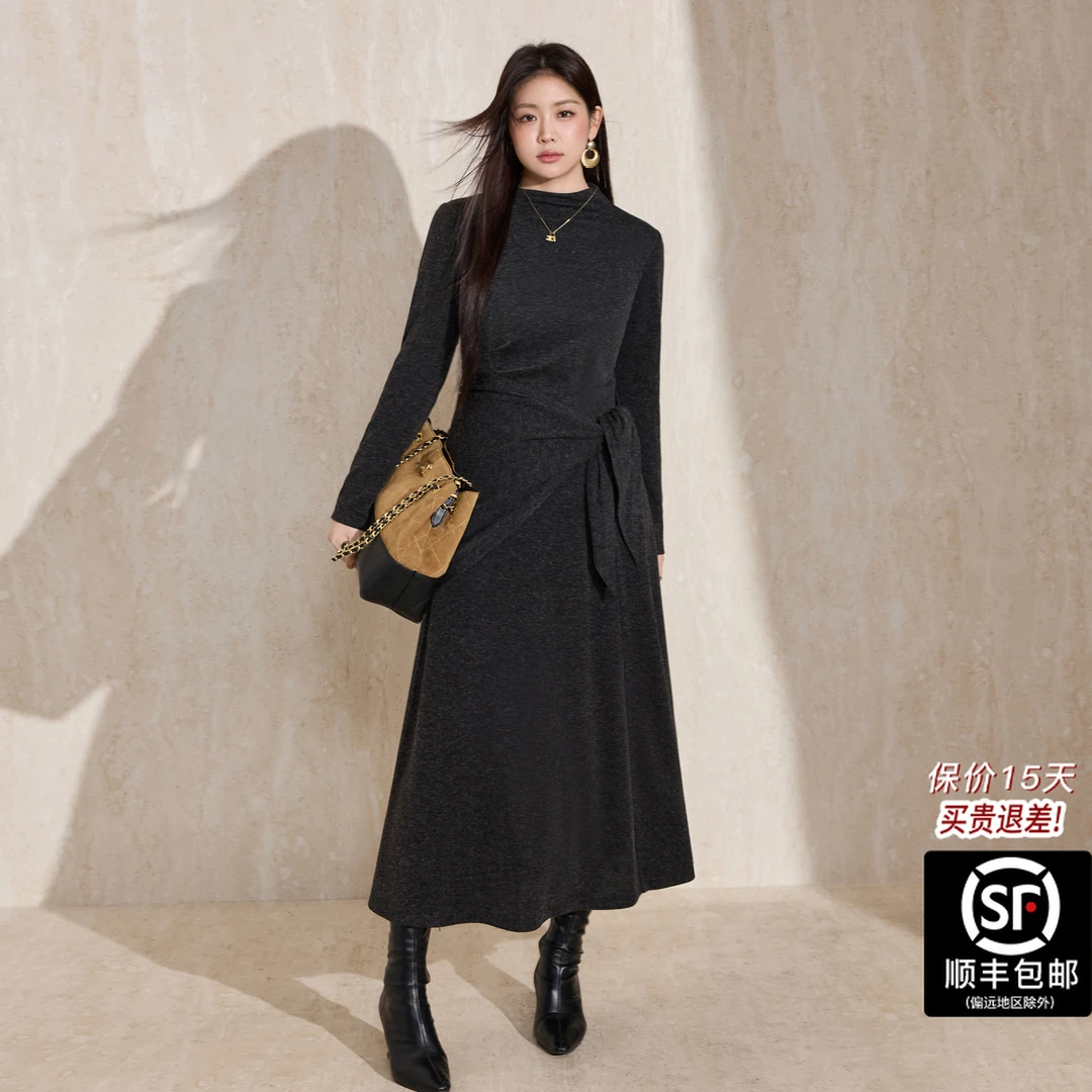 蓝语大码女装长袖2025秋冬季法式收腰亮丝连衣裙打底气质修身针织