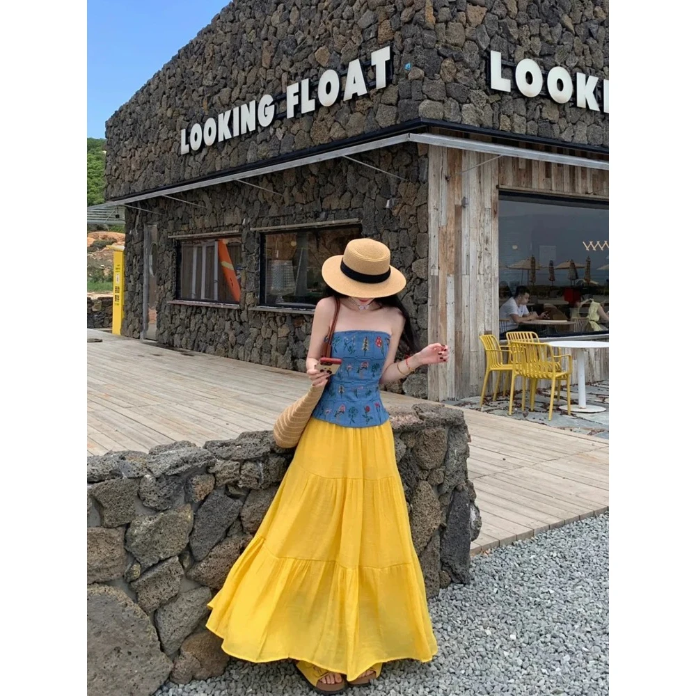 【米亚油画】法式多巴胺高级感气质收腰休闲度假风抹胸时尚半身裙