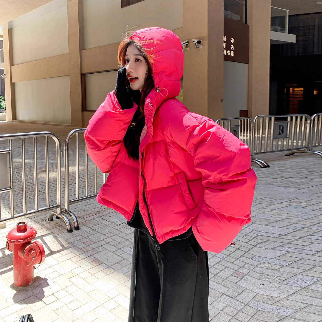 玫红色连帽90白鸭绒羽绒服外套女冬季2025新款学生短款加厚面包服