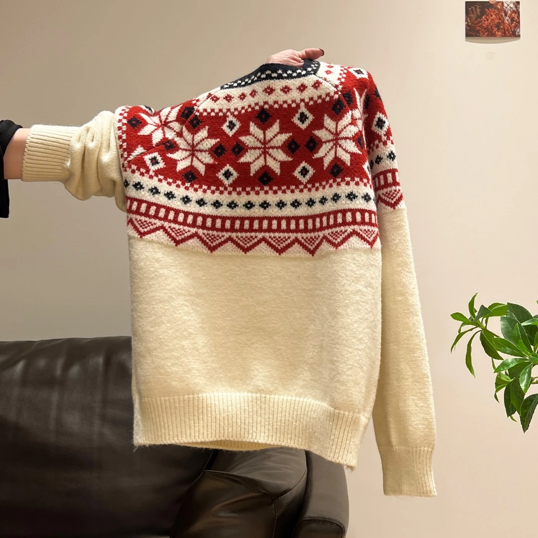 慵懒风雪花圣诞穿搭套头毛衣女2025秋冬新款氛围感宽松长袖针织衫