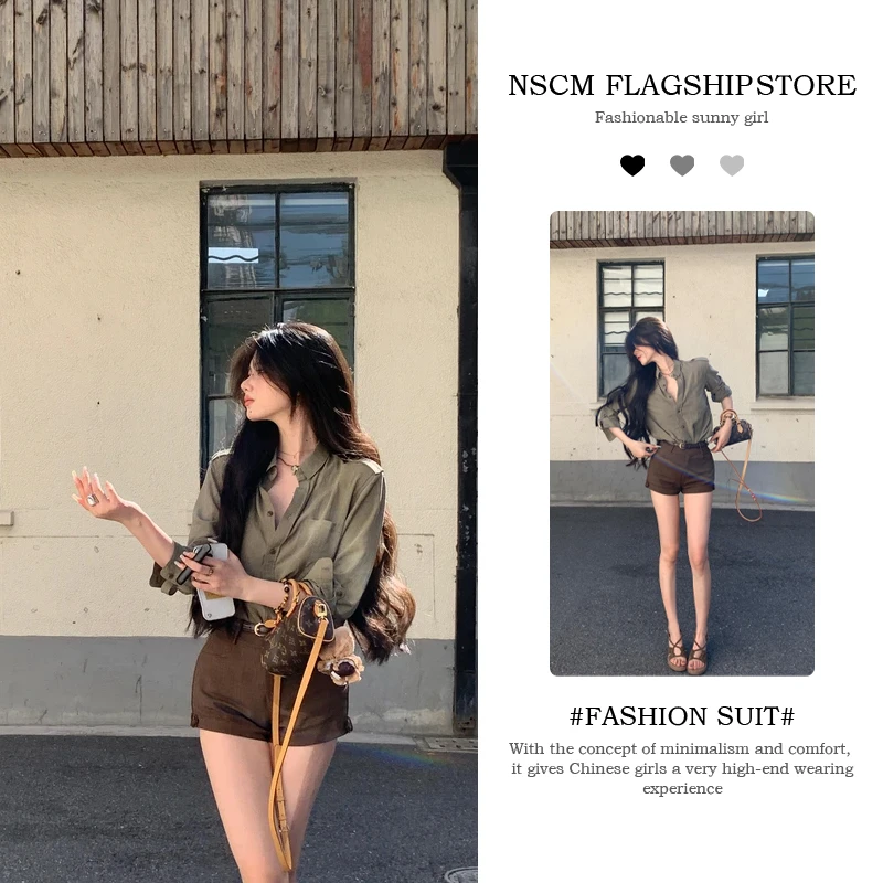 NSCM夏季新款复古松弛感女装宽松衬衫外穿工装衬衣高腰直筒短裤