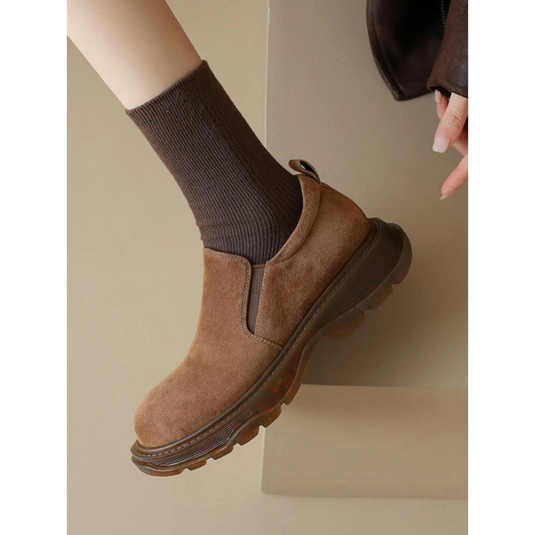 TOUCH MISS羊翻皮新款真皮单鞋女深口软底小皮鞋一脚蹬厚底乐福鞋