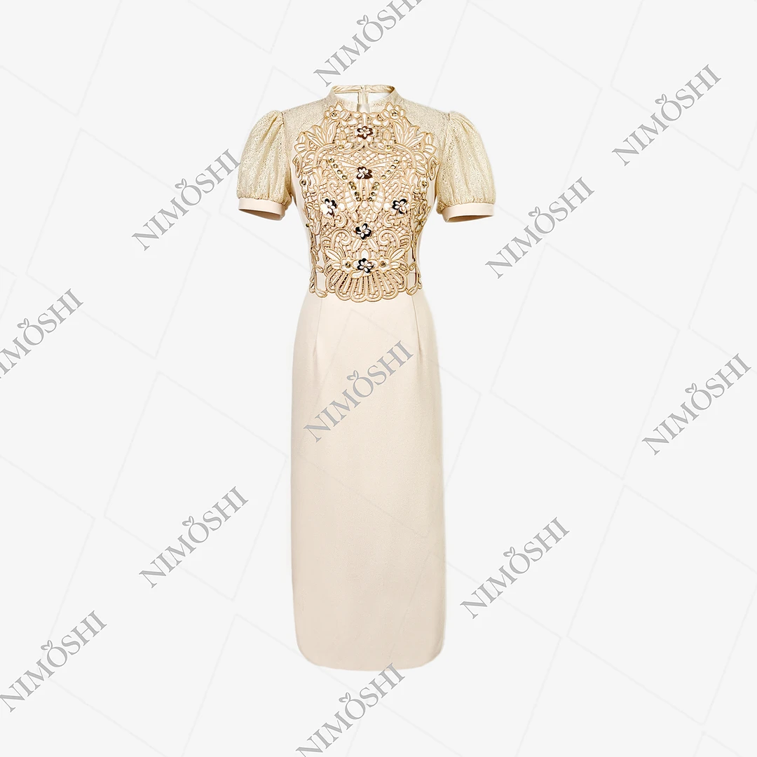 NIMðSHI莎莎欧式拼接网纱图腾刺绣修身气质显瘦连衣裙女Q1309