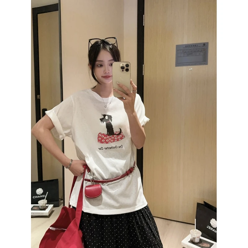 0256【夏季新款】前印花花毯黑黑狗卡通百搭圆领T恤（8121）