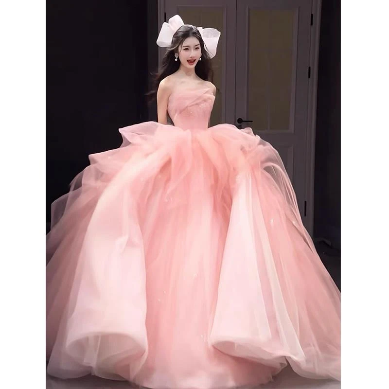 粉色抹胸晚礼服女高级感订婚超仙轻奢生日宴成人礼蓬蓬裙在逃公主