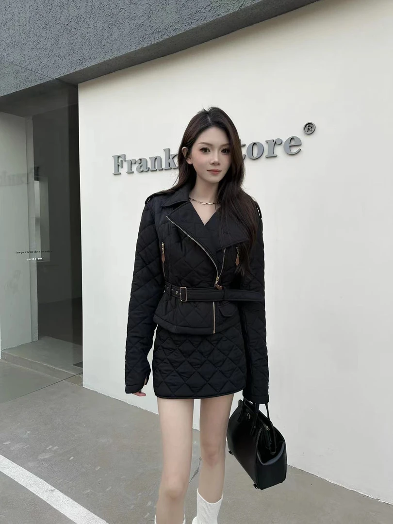 2024菱形纹棉服配腰带显瘦气质高级感套装