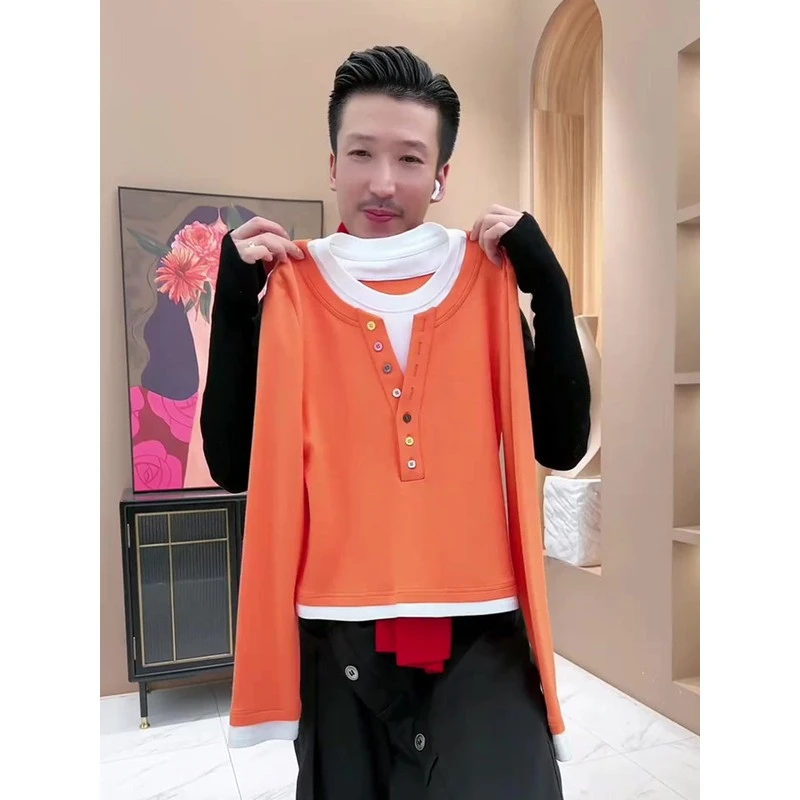 撞色拼接假两件打底衫女2025春秋新款洋气时髦内搭