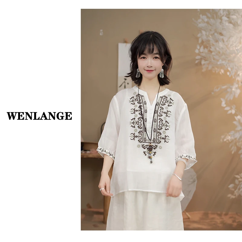 苎麻女装 9992纯苎麻V领刺绣前胸排扣套头衫25新款休闲宽松小衫