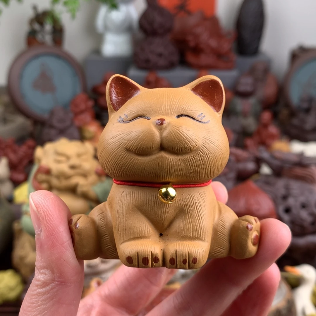 紫砂茶宠劈叉招财猫段泥