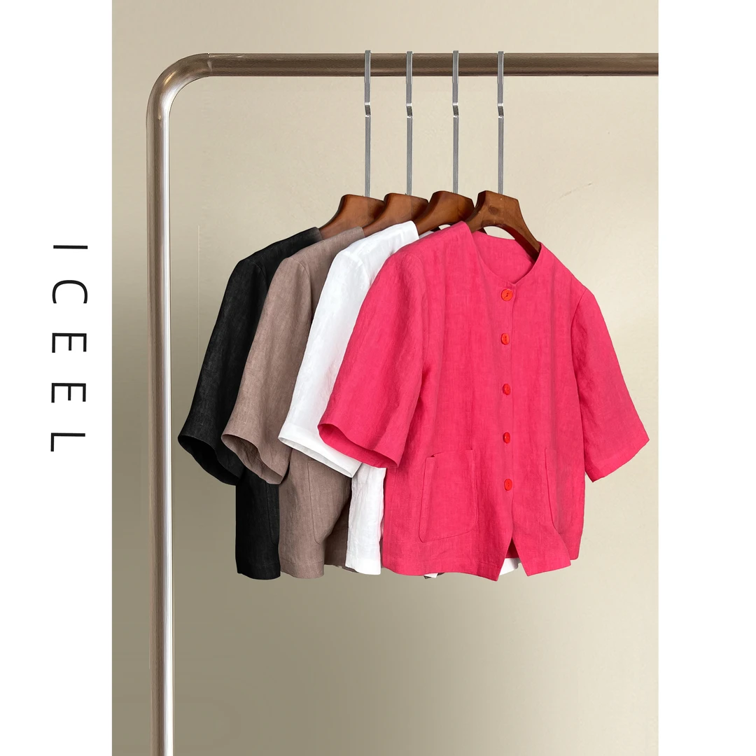 原创轻奢极简亚麻短袖衬衫女夏新款轻薄气质新中式麻纹上衣高级感