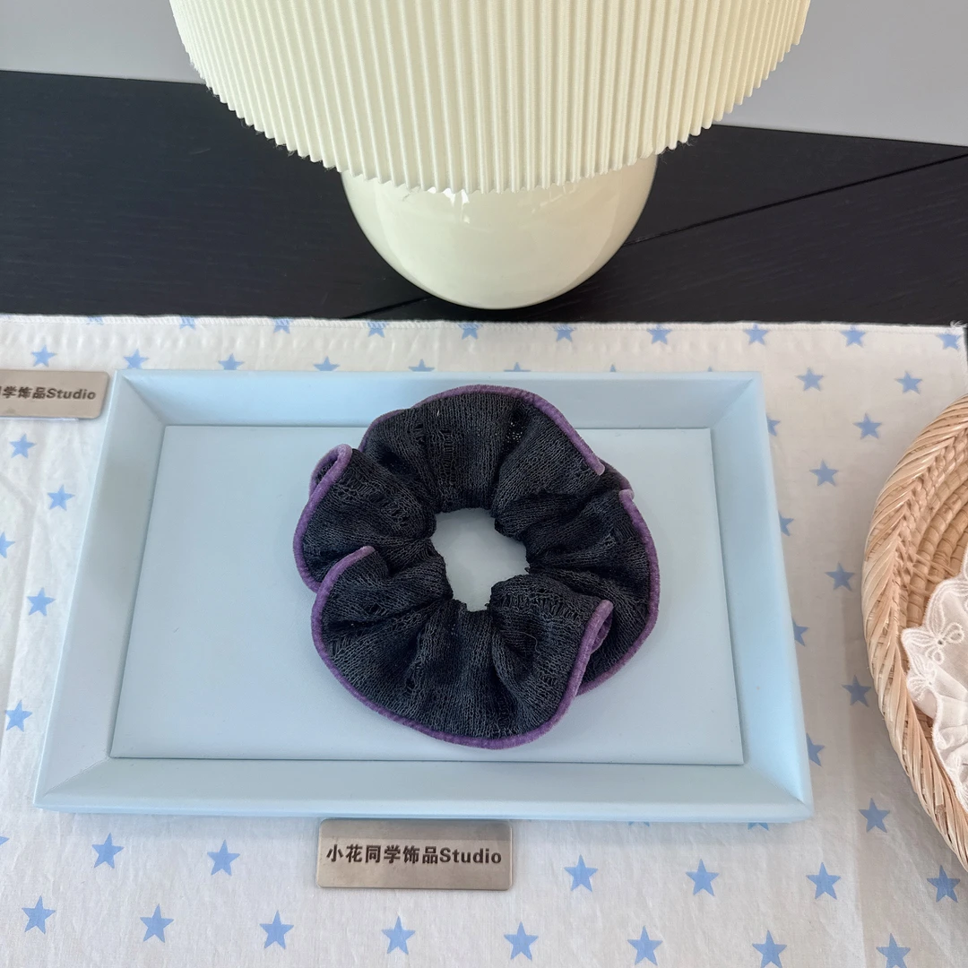 小号 韩国原创进口面料发饰2025新款碳灰色破洞毛线紫色丝绒发圈