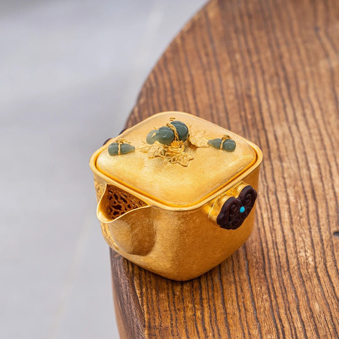 蜂鸟工坊 傳家 木把葫芦方盖錾刻葫芦镀金盖碗 SWA11257