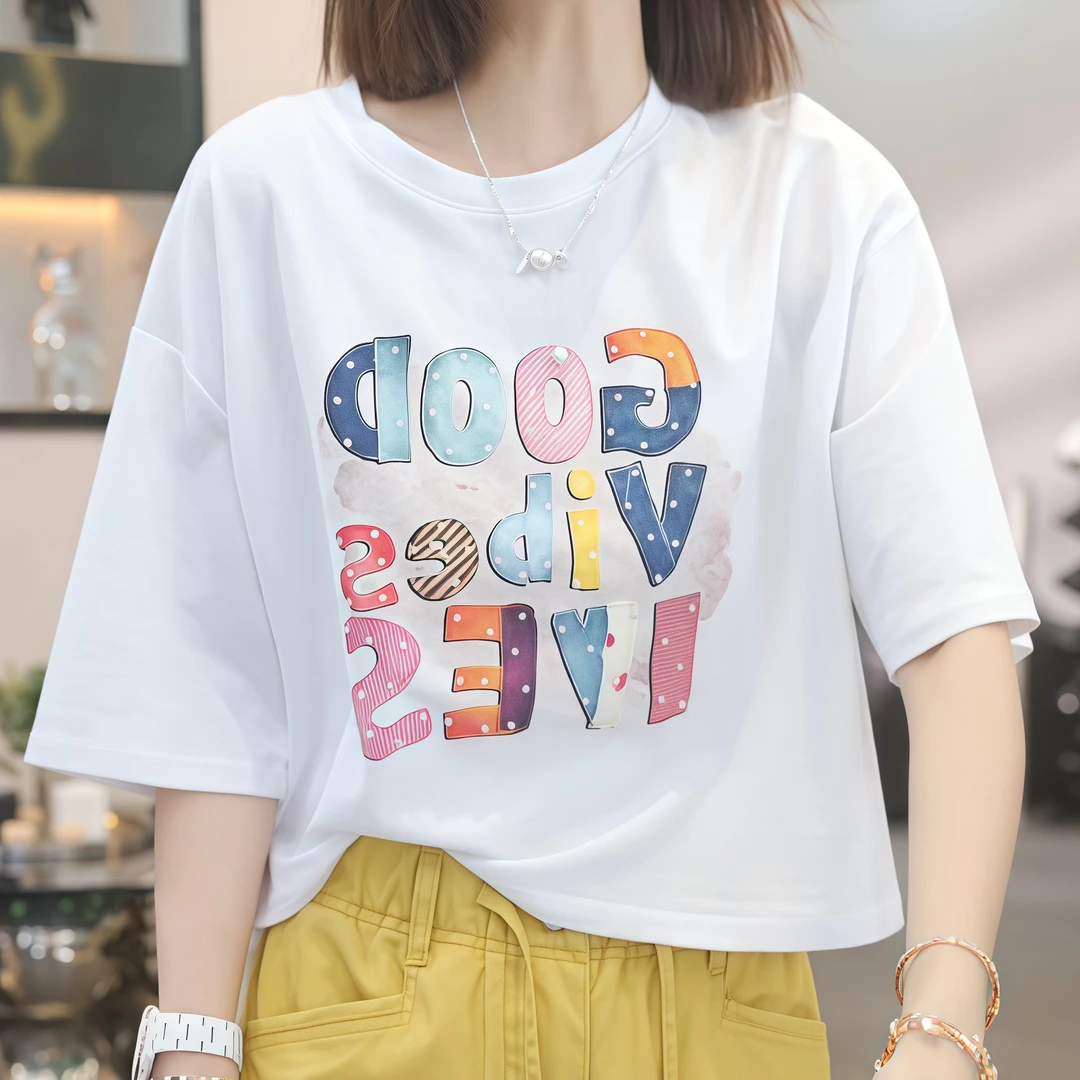 韩系彩色字母印花宽松雪花棉凉快短袖t恤女2025夏季显瘦休闲上衣