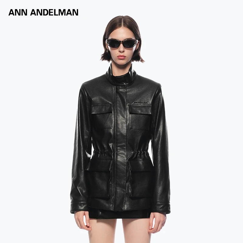 ANN ANDELMAN 25秋 时尚设计休闲中长款立领工装抽绳皮外套