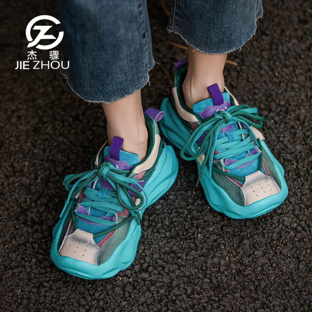 杰骤春季真皮女款老爹鞋增高厚底时尚百搭休闲鞋拼色牛皮松糕女鞋