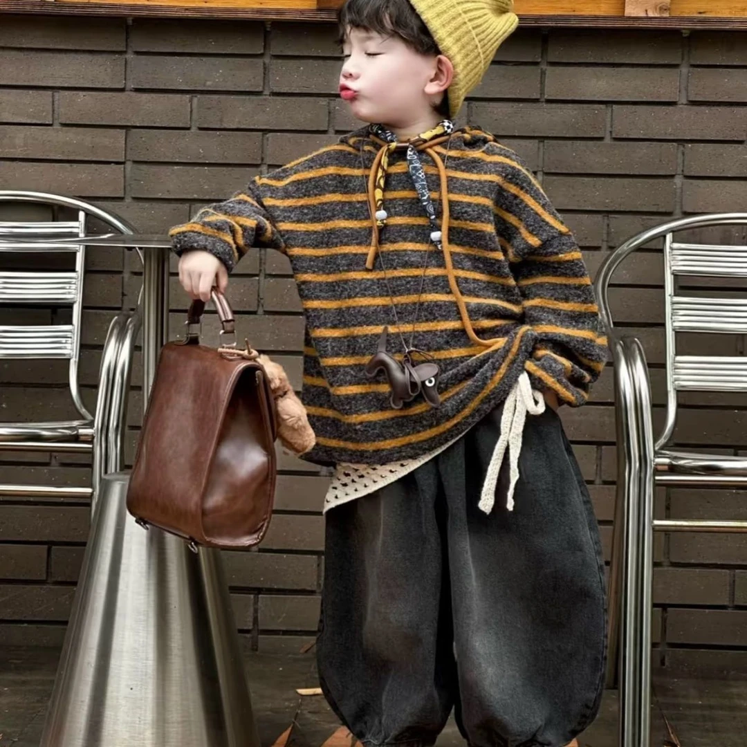 儿童秋季套装2025新款条纹洋气百搭卫衣时尚韩系牛仔裤两件套