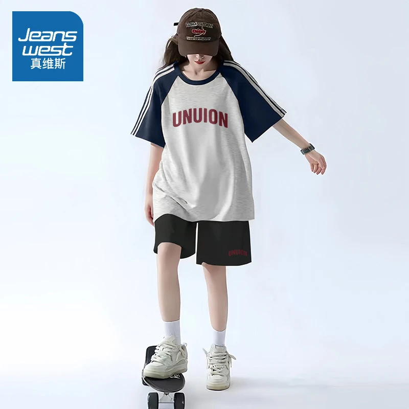 真维斯 美式复古运动套装女2025夏季新款学生宽松短袖短裤两件套